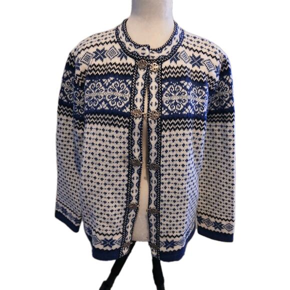 Carroll Reed 100% Wool Fair Isle Nordic Knit Cardigan Sweater Blue Size Large - Picture 1 of 5